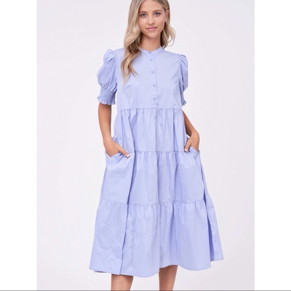 En Saison Willow Blue Tiered Poplin Midi Dress
